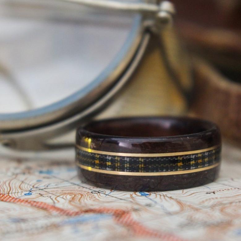 Rings - Celtic Tartan Wood Wedding Ring - Rosewood With Center Tartan & Dual Gold Inlays
