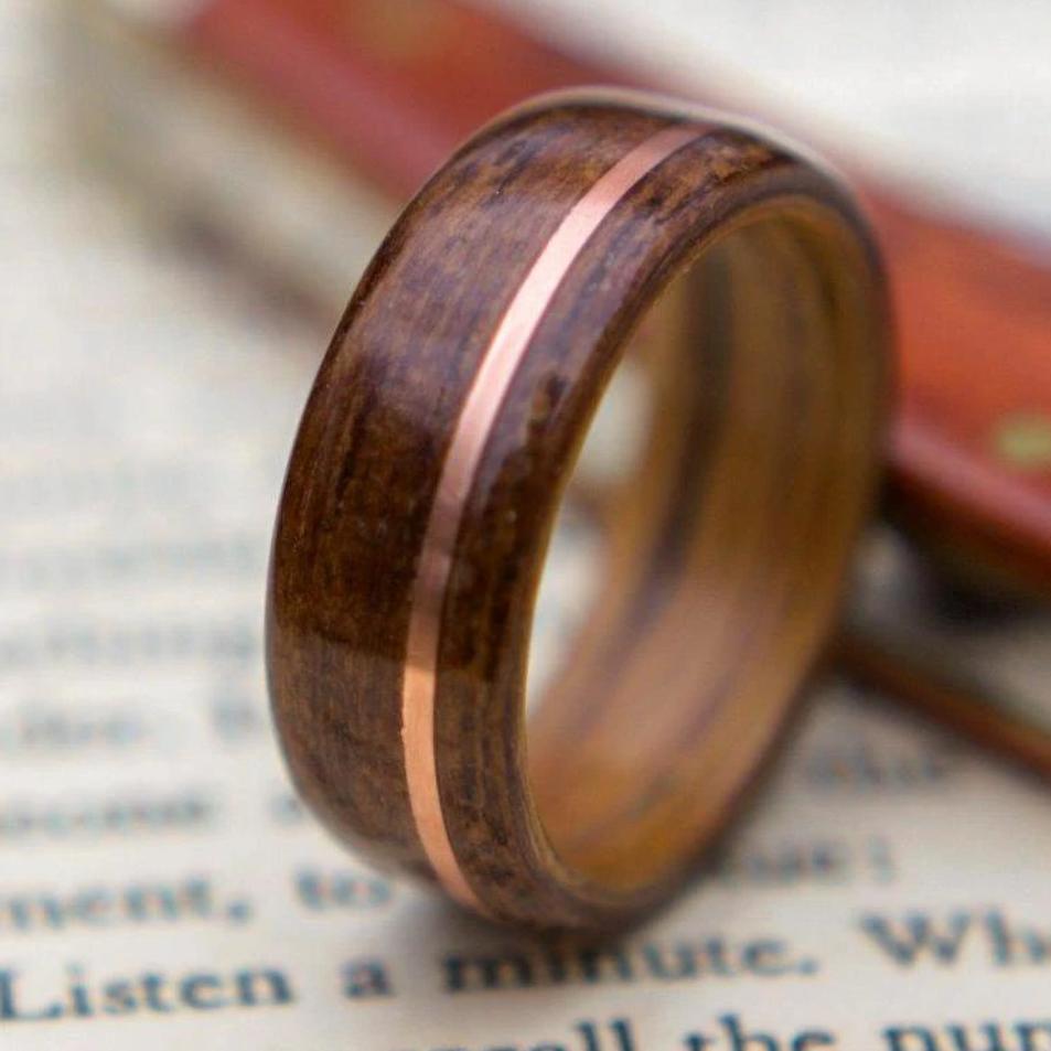 (In-Stock)  USS North Carolina Teak & Whiskey - Jack Daniel's w/Offset Rose Gold Inlay - Size 8/8 mm Wide