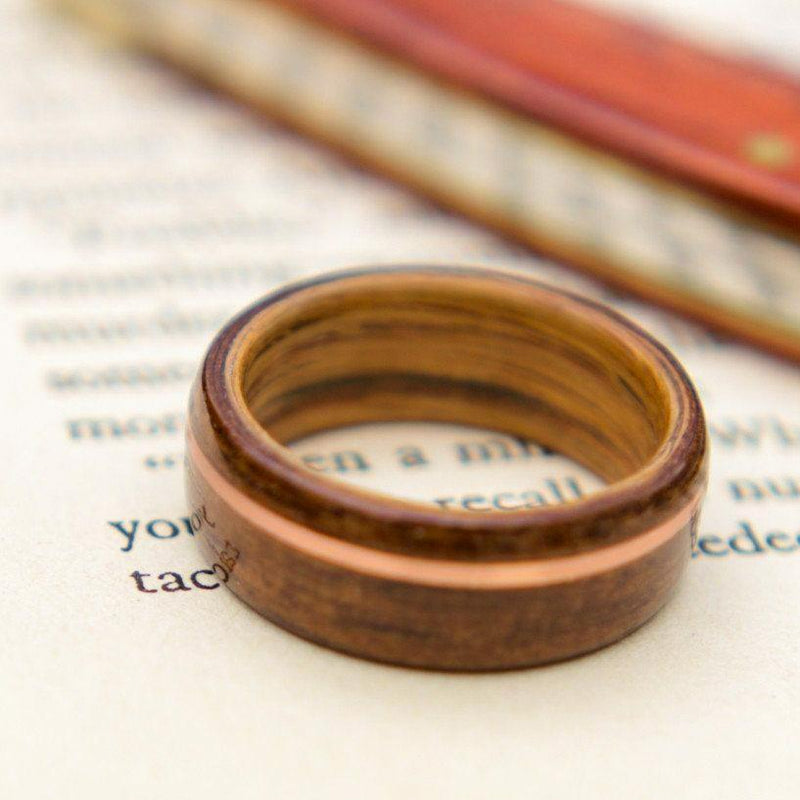 Rings - Historic Teak Wood Wedding Ring From The USS North Carolina With Whiskey Barrel And Copper Inlay