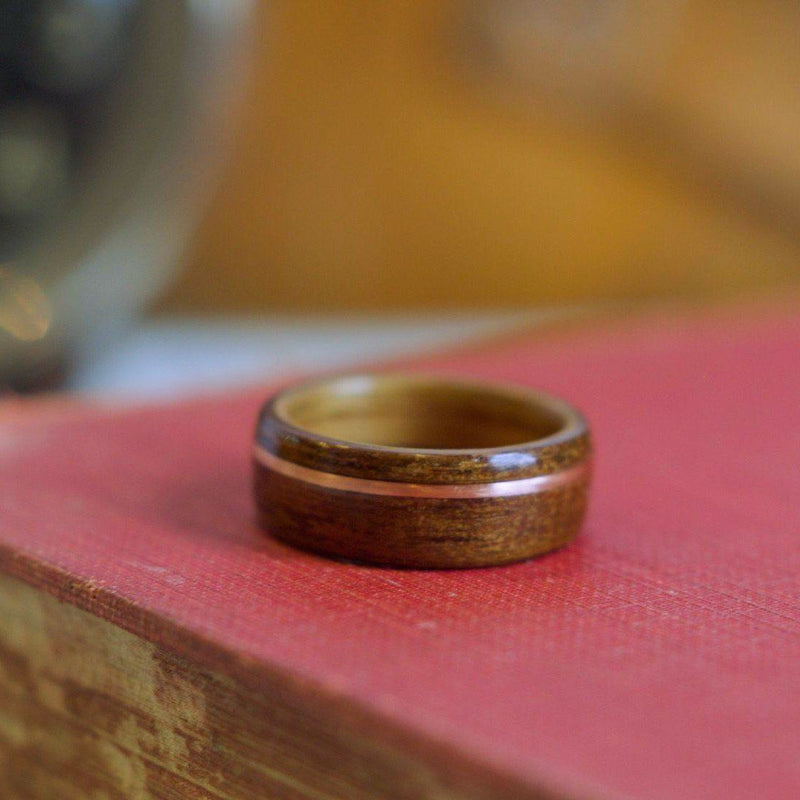 Rings - Historic Teak Wood Wedding Ring From The USS North Carolina With Whiskey Barrel And Copper Inlay