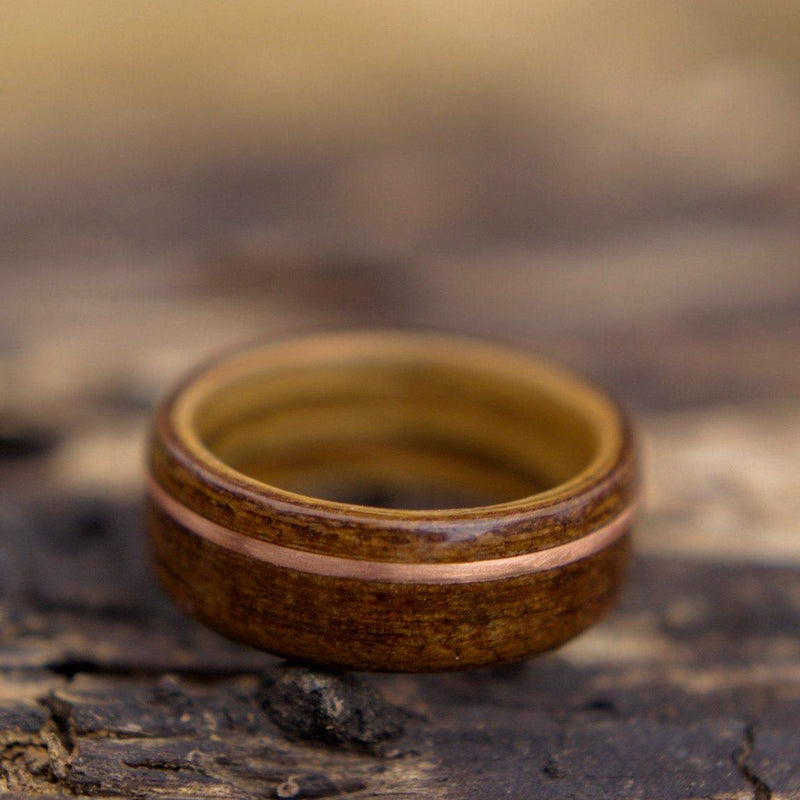 Rings - Historic Teak Wood Wedding Ring From The USS North Carolina With Whiskey Barrel And Copper Inlay