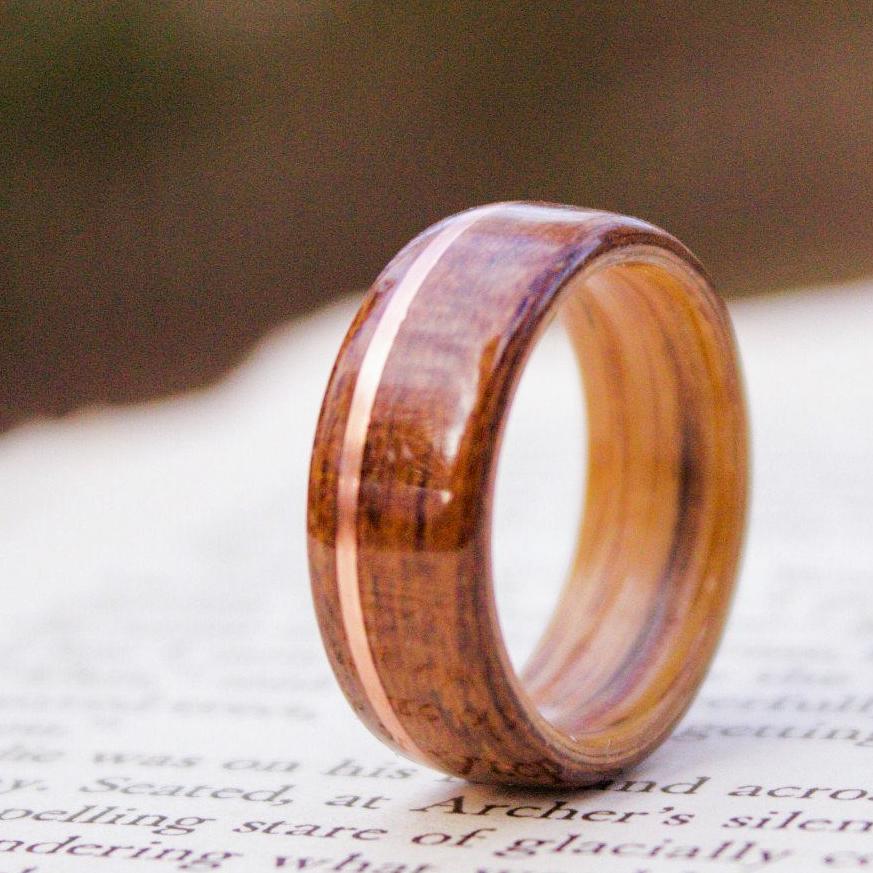 Rings - Historic Teak Wood Wedding Ring From The USS North Carolina With Whiskey Barrel And Copper Inlay