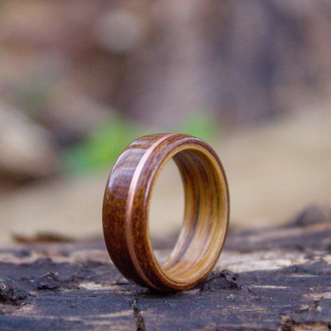 Rings - Historic Teak Wood Wedding Ring From The USS North Carolina With Whiskey Barrel And Copper Inlay
