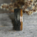 Rings - Offset Whiskey Double Ring - Weathered Whiskey Barrel With Offset Rose Gold & Natural Whiskey Barrel Edge