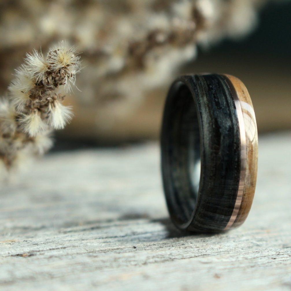 Rings - Offset Whiskey Double Ring - Weathered Whiskey Barrel With Offset Rose Gold & Natural Whiskey Barrel Edge