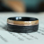 Rings - Offset Whiskey Double Ring - Weathered Whiskey Barrel With Offset Rose Gold & Natural Whiskey Barrel Edge