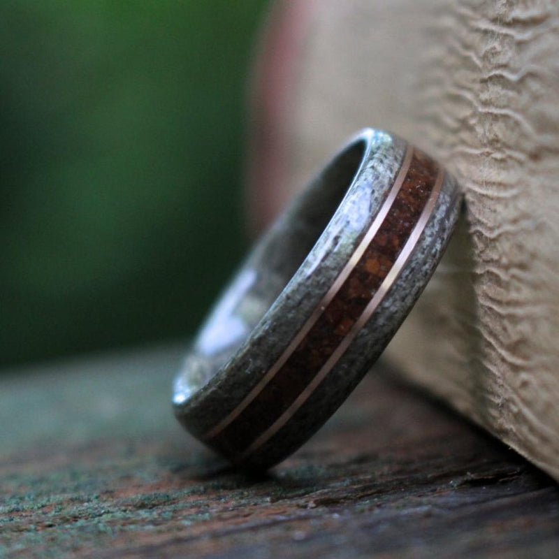 Rings - Weathered Maple Wood Wedding Ring With 1950s Coffee Inlay And Dual Bronze Inlays