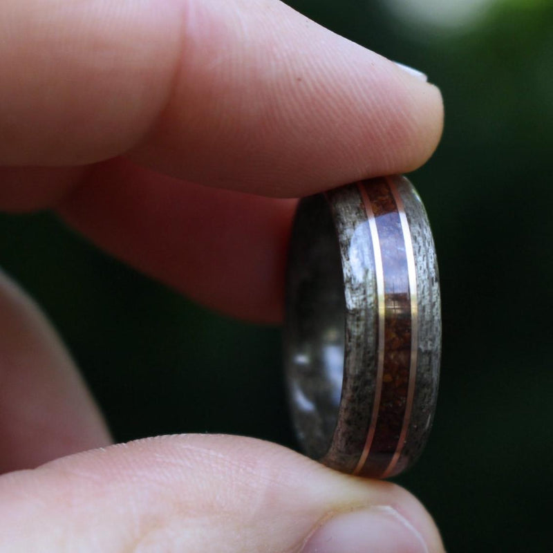 Rings - Weathered Maple Wood Wedding Ring With 1950s Coffee Inlay And Dual Bronze Inlays