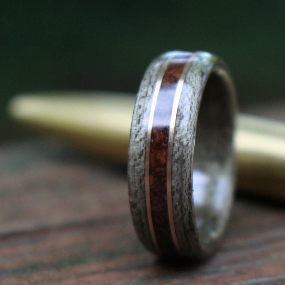 Rings - Weathered Maple Wood Wedding Ring With 1950s Coffee Inlay And Dual Bronze Inlays