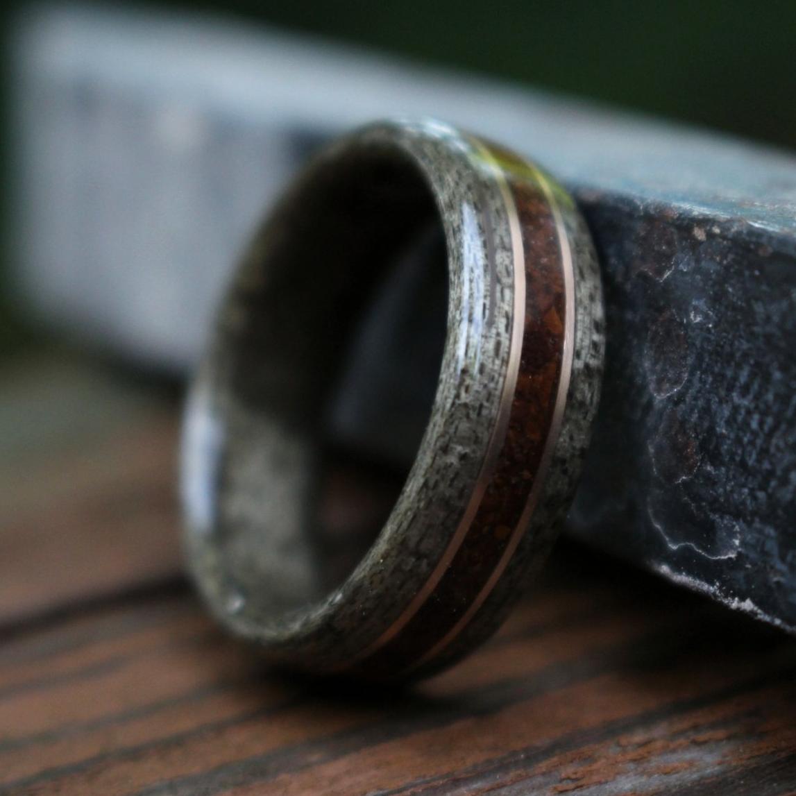 Rings - Weathered Maple Wood Wedding Ring With 1950s Coffee Inlay And Dual Bronze Inlays