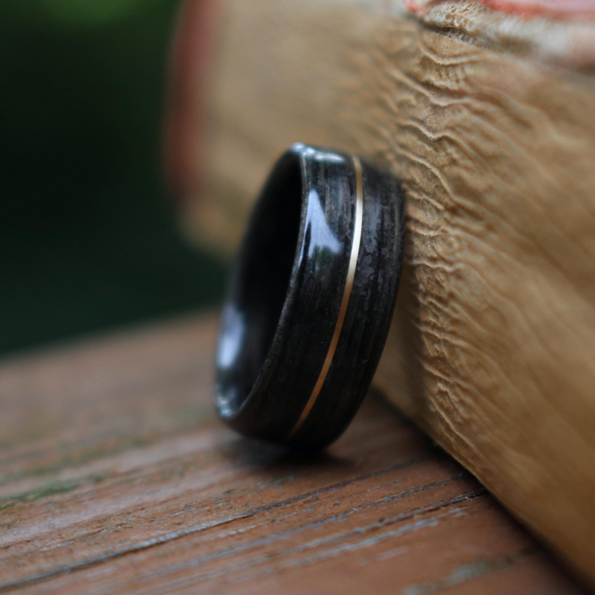 Rings - Weathered Whiskey Barrel Wood Wedding Ring And Center Gold Inlay