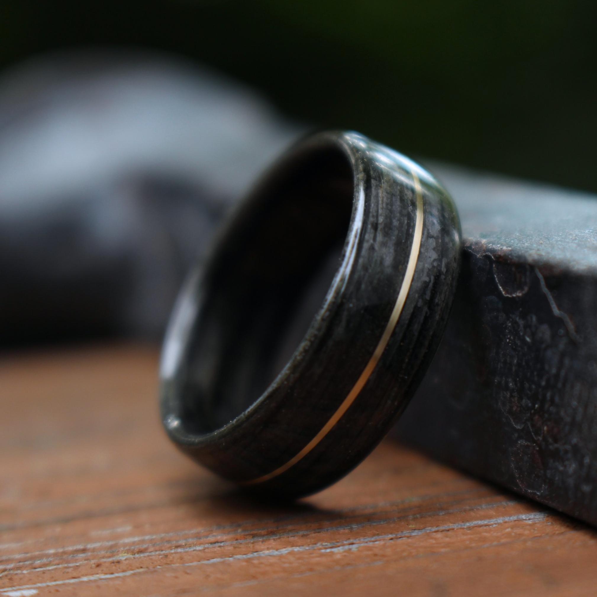 Rings - Weathered Whiskey Barrel Wood Wedding Ring And Center Gold Inlay
