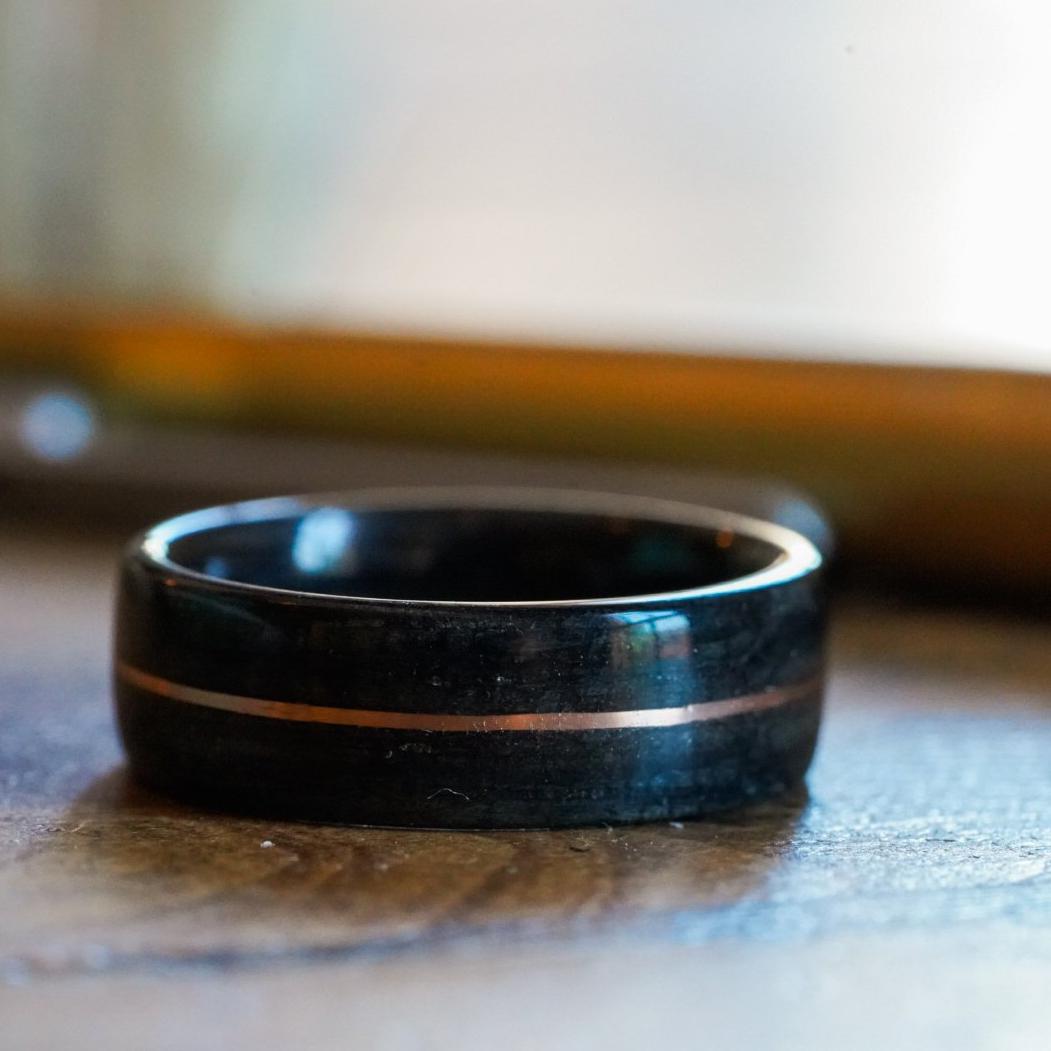 Rings - Weathered Whiskey Barrel Wood Wedding Ring And Center Gold Inlay