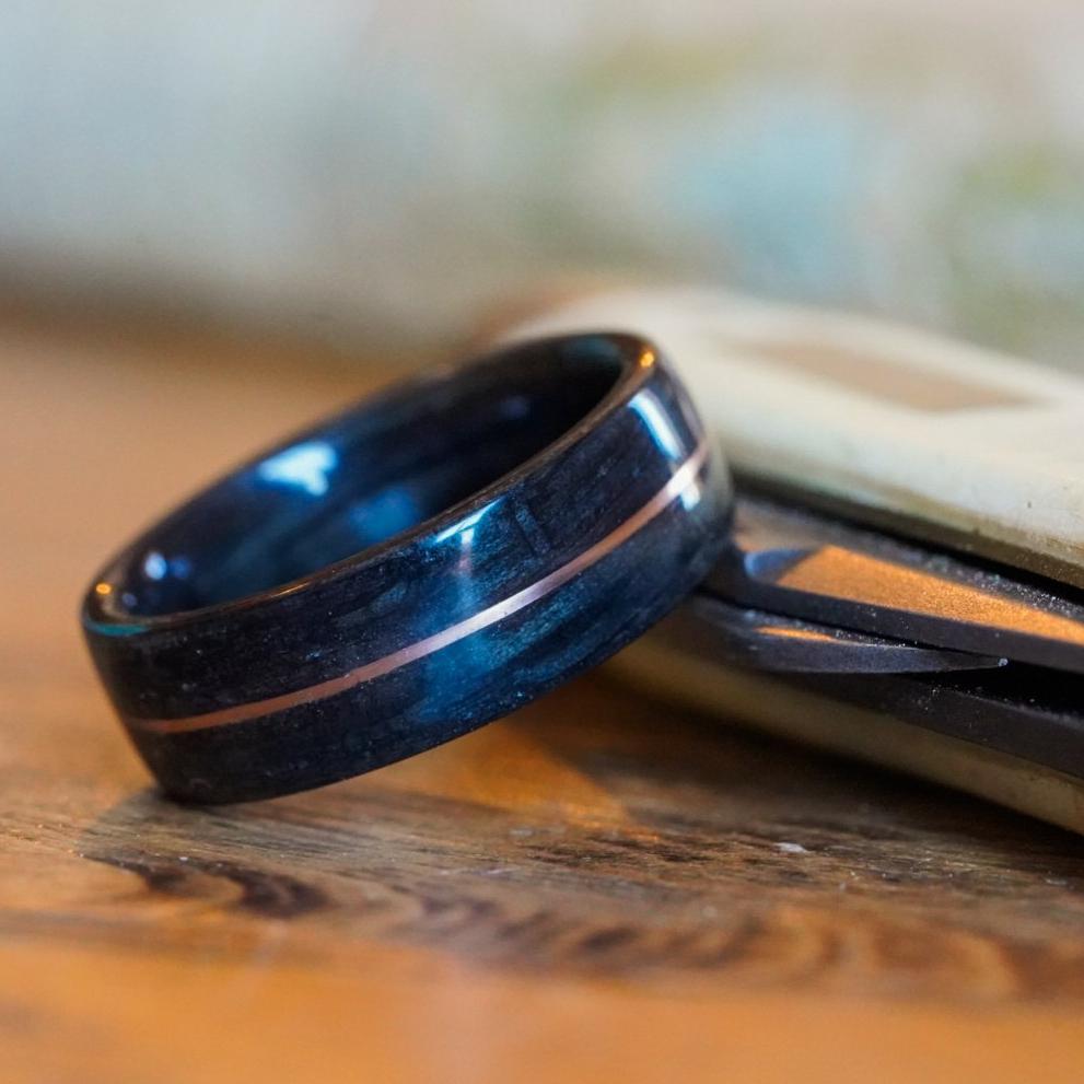 Rings - Weathered Whiskey Barrel Wood Wedding Ring And Center Gold Inlay