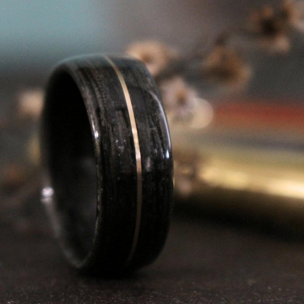 Rings - Weathered Whiskey Barrel Wood Wedding Ring And Center Gold Inlay