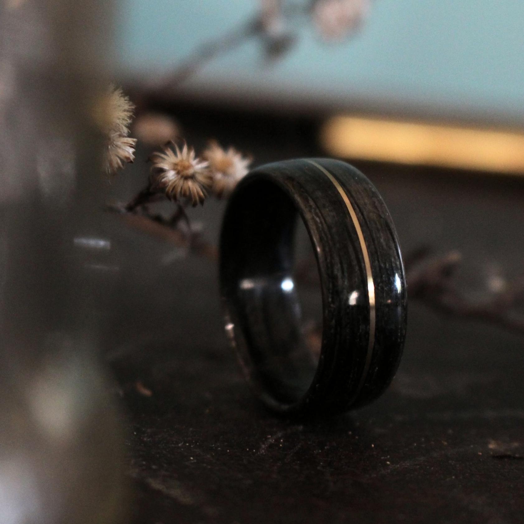 Rings - Weathered Whiskey Barrel Wood Wedding Ring And Center Gold Inlay