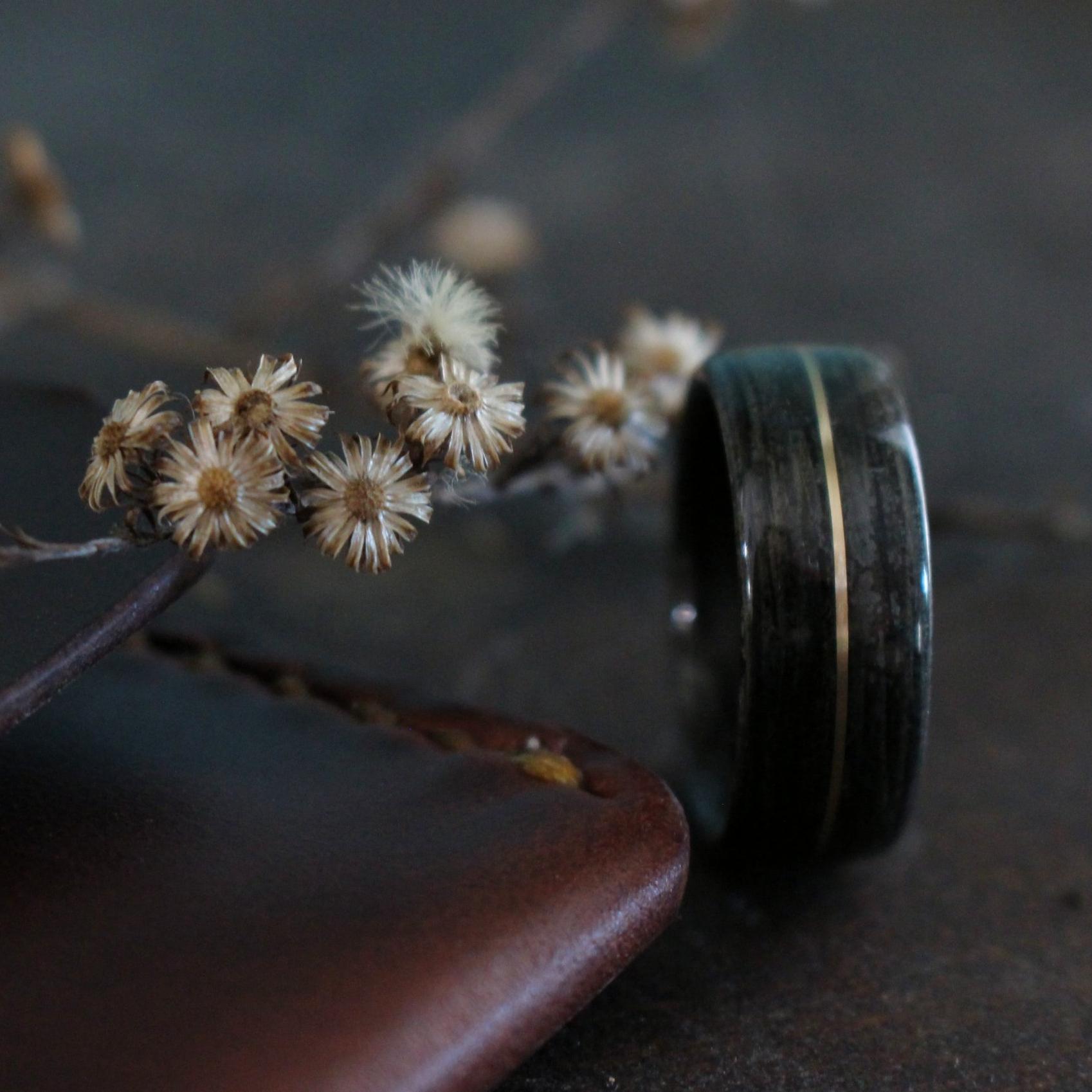 Rings - Weathered Whiskey Barrel Wood Wedding Ring And Center Gold Inlay
