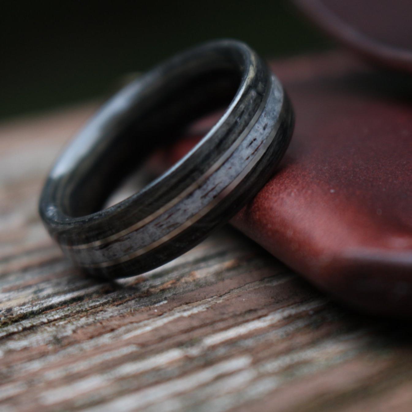Rings - Weathered Whiskey Barrel Wood Wedding Ring With Elk Antler And Double Gold Inlays