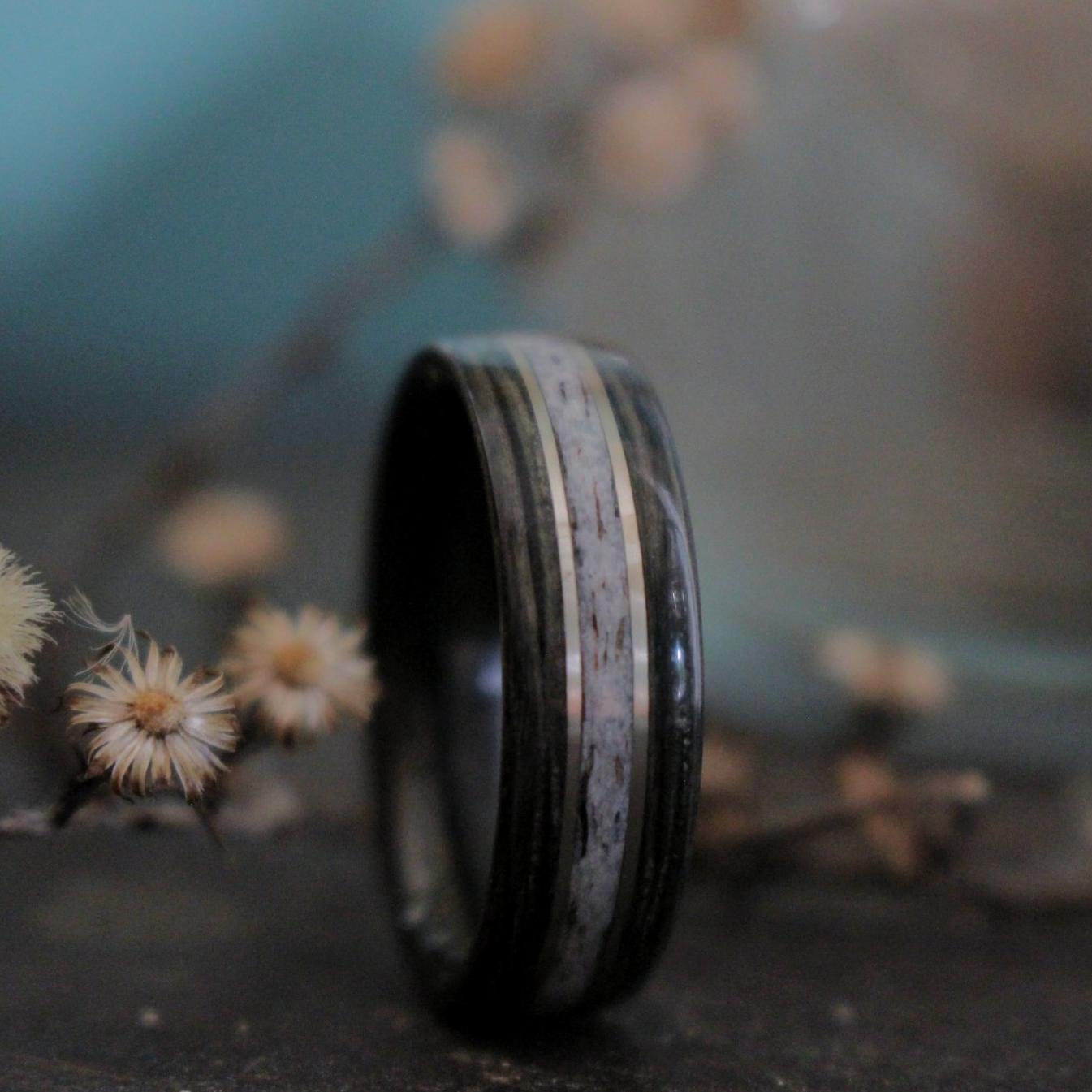 Rings - Weathered Whiskey Barrel Wood Wedding Ring With Elk Antler And Double Gold Inlays