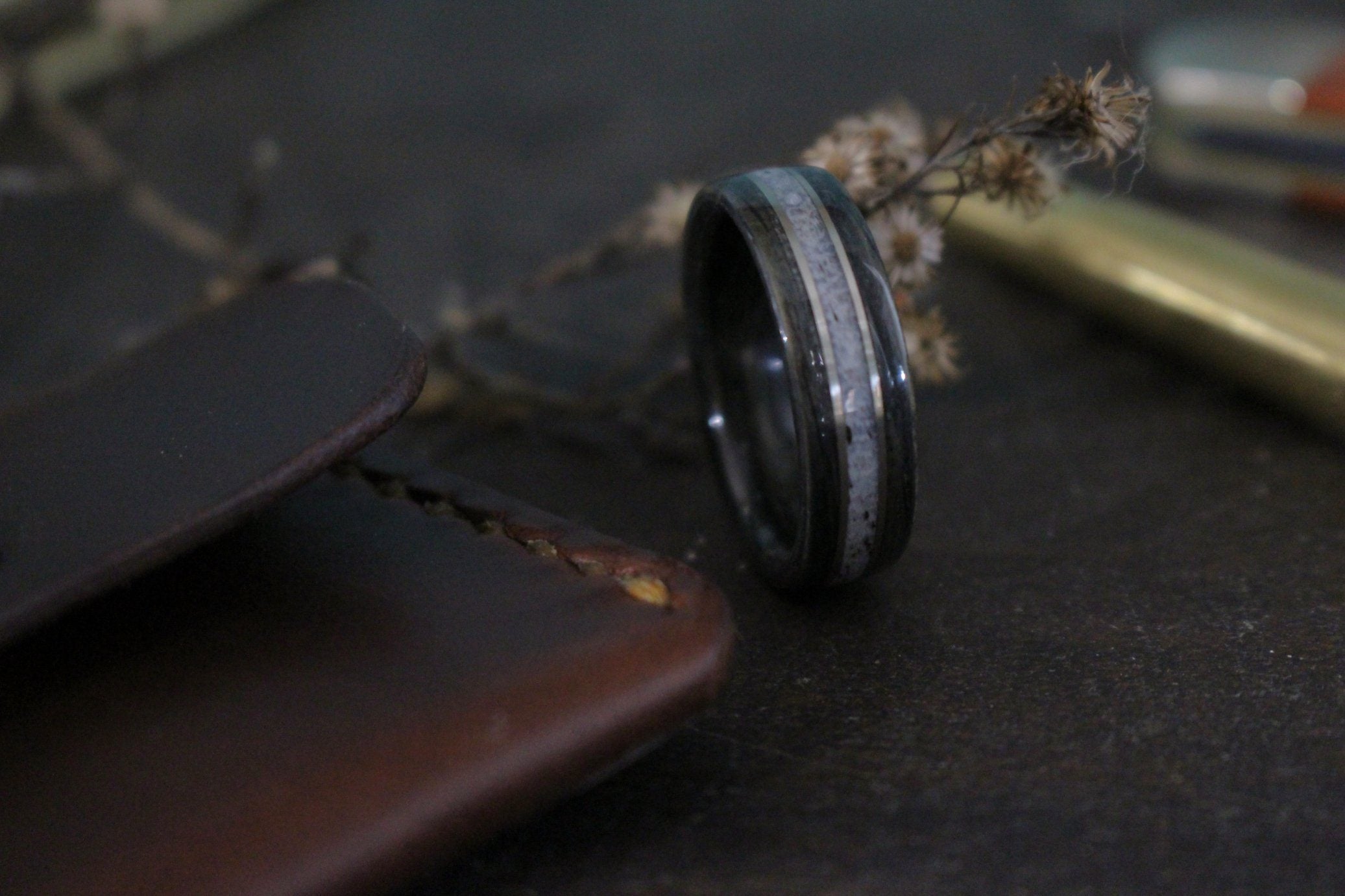 Rings - Weathered Whiskey Barrel Wood Wedding Ring With Elk Antler And Double Gold Inlays