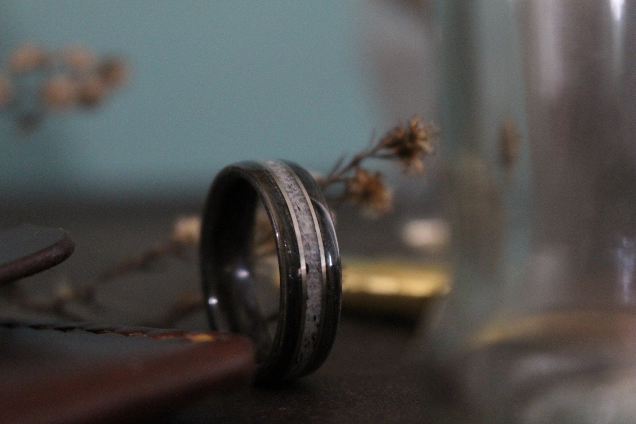 Rings - Weathered Whiskey Barrel Wood Wedding Ring With Elk Antler And Double Gold Inlays