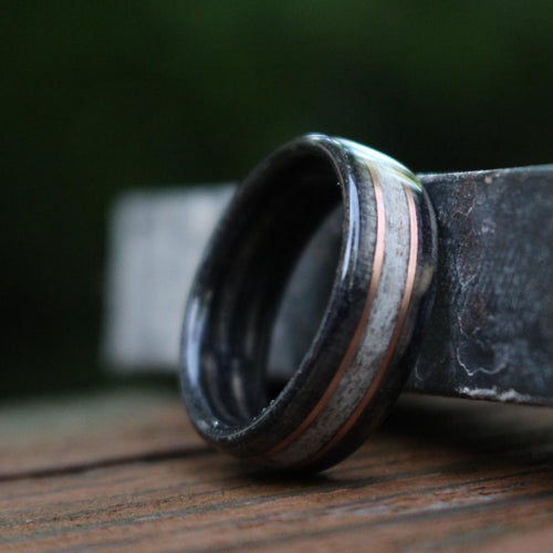 Rings - Weathered Whiskey Barrel Wood Wedding Ring With Elk Antler And Double Gold Inlays