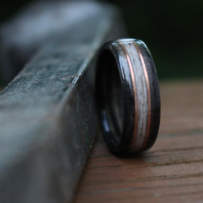 Rings - Weathered Whiskey Barrel Wood Wedding Ring With Elk Antler And Double Gold Inlays