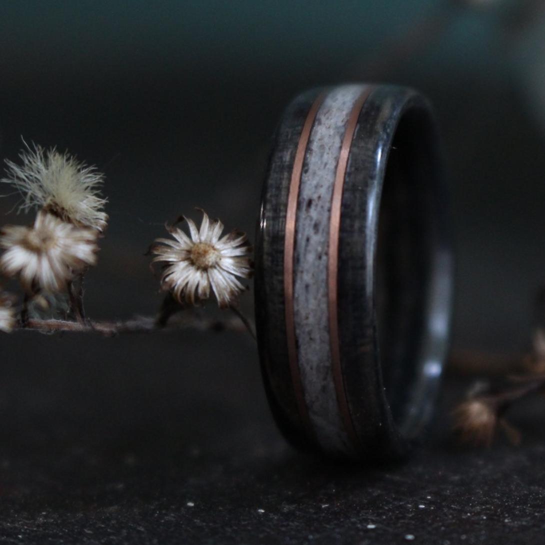 Rings - Weathered Whiskey Barrel Wood Wedding Ring With Elk Antler And Double Gold Inlays