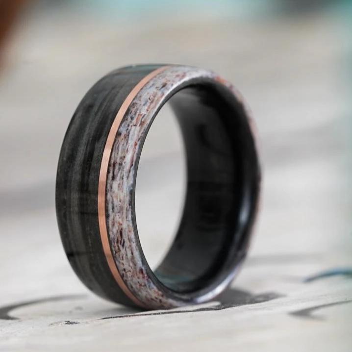 Rings - Weathered Whiskey Barrel Wood Wedding Ring With Elk Antler Edge And Offset Gold Inlay