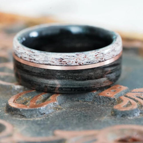 Rings - Weathered Whiskey Barrel Wood Wedding Ring With Elk Antler Edge And Offset Gold Inlay