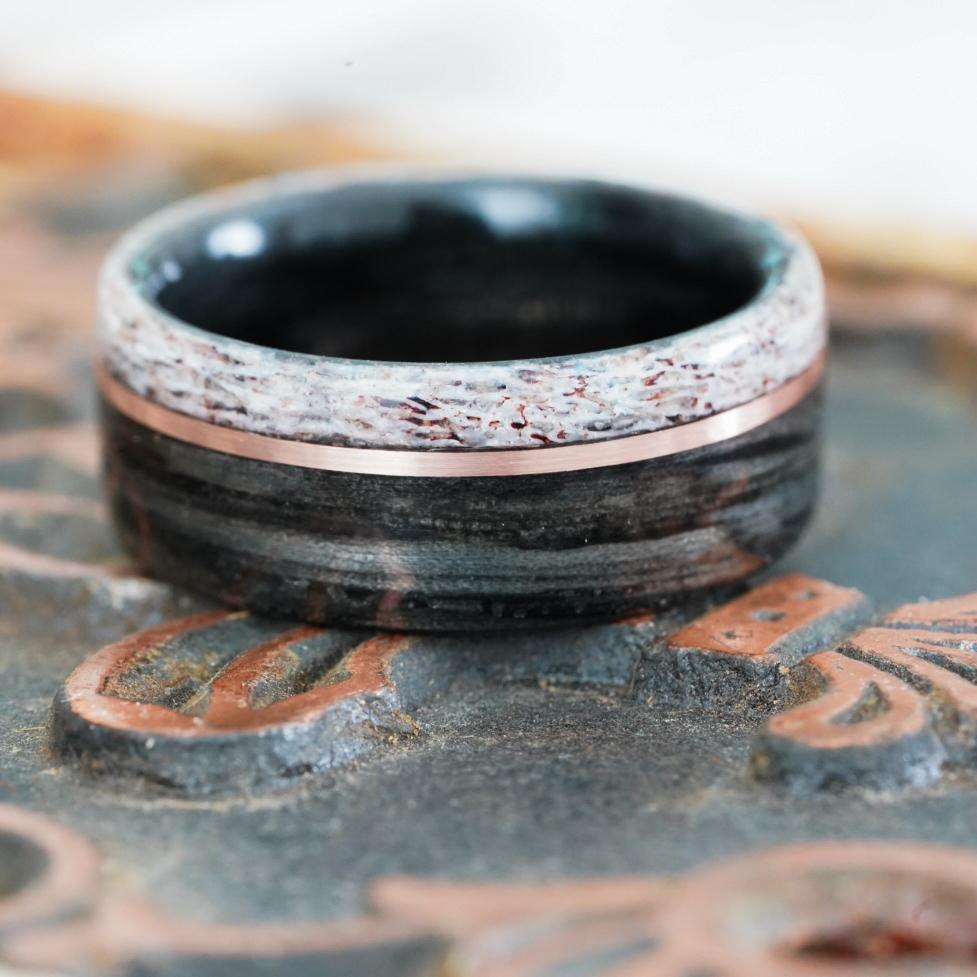 Rings - Weathered Whiskey Barrel Wood Wedding Ring With Elk Antler Edge And Offset Gold Inlay