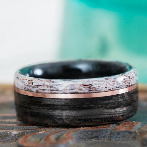 Rings - Weathered Whiskey Barrel Wood Wedding Ring With Elk Antler Edge And Offset Gold Inlay