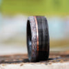 Rings - Weathered Whiskey Barrel Wood Wedding Ring With Elk Antler Edge And Offset Gold Inlay