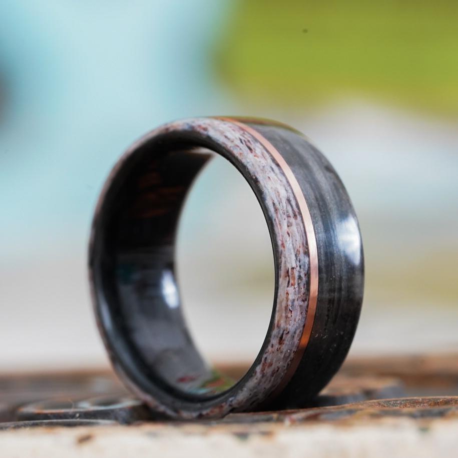 Rings - Weathered Whiskey Barrel Wood Wedding Ring With Elk Antler Edge And Offset Gold Inlay