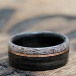 Rings - Weathered Whiskey Barrel Wood Wedding Ring With Elk Antler Edge And Offset Gold Inlay