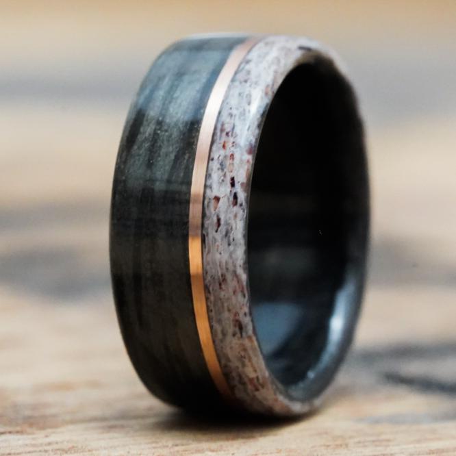 Rings - Weathered Whiskey Barrel Wood Wedding Ring With Elk Antler Edge And Offset Gold Inlay