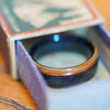 Rings - Weathered Whiskey Barrel Wood Wedding Ring With Offset Rose Gold & Natural Whiskey Barrel Edge