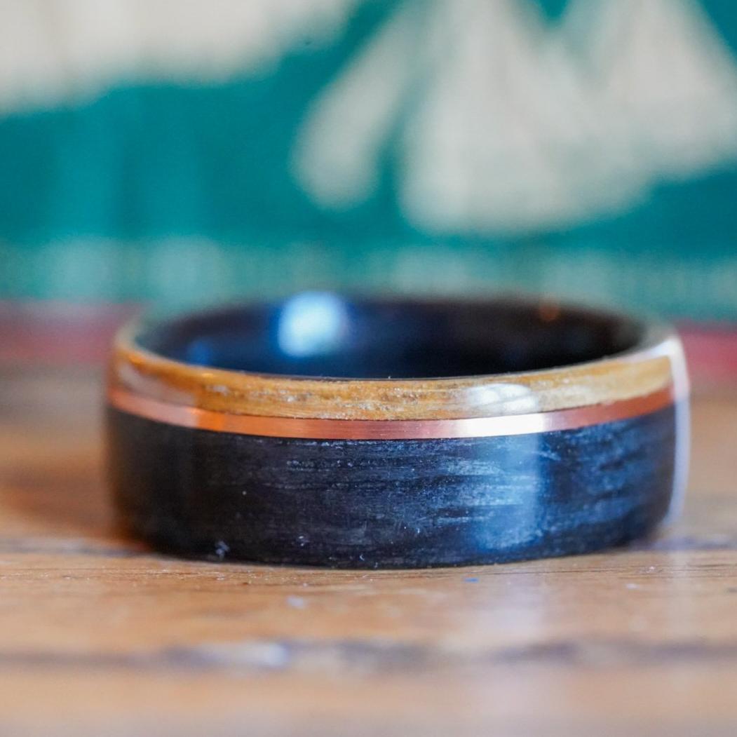 Rings - Weathered Whiskey Barrel Wood Wedding Ring With Offset Rose Gold & Natural Whiskey Barrel Edge