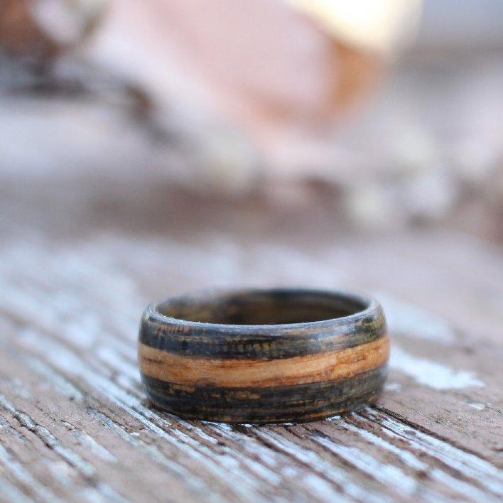 Rings - Whiskey Double Ring - Weathered Whiskey Barrel With Natural Inlay