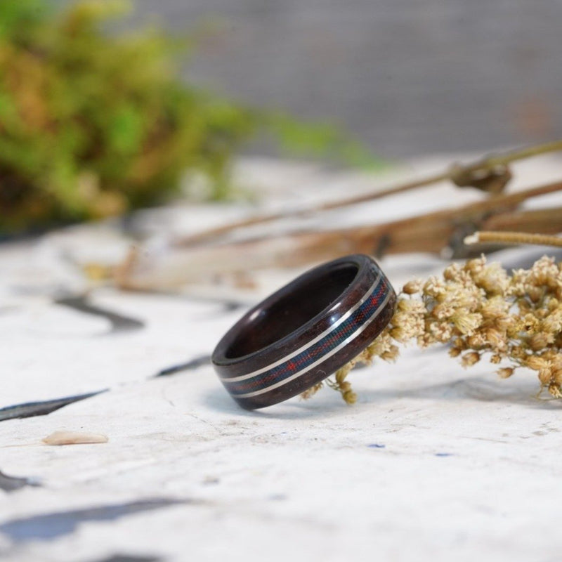 (In Stock) Scots-Irish Tartan Ring -  Rosewood with Center Flower of Scotland Tartan & Dual Silver Inlays  Size 7.5/8mm