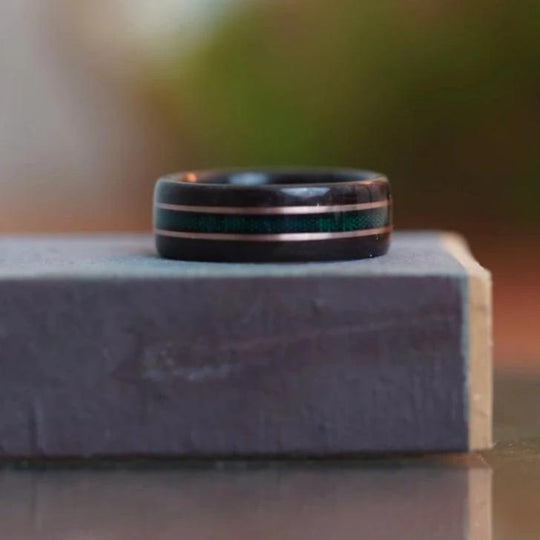 (In Stock) Scots-Irish Tartan Ring -  Rosewood with Blackwatch Tartan & Dual Rose Gold Inlays  Size 9.5/9mm