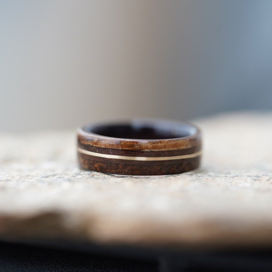 (In Stock) Custom Rosewood & Yellow Gold w/ Coffee & Zebrawood Edges   Size 6.5/5.5mm