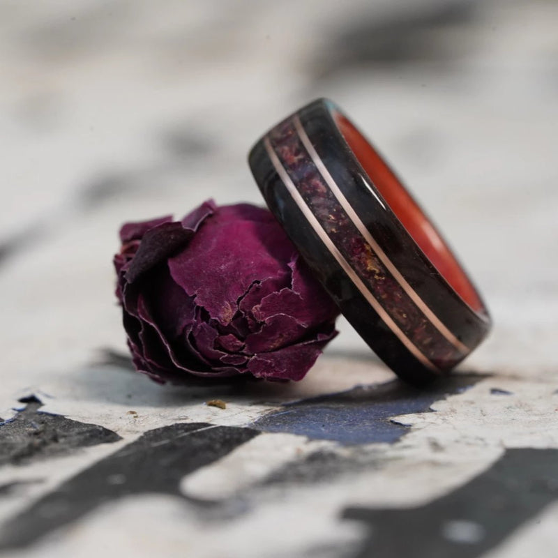 (In Stock) Rosewood & Pink Ivory w/Crushed Roses & Rose Gold Inlays  Size 6.5/5.5mm