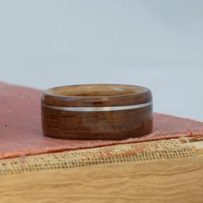 (In-Stock) USS North Carolina Teak & Whiskey - Jack Daniel's w/Offset White Gold Inlay - Size 9/9mm Wide