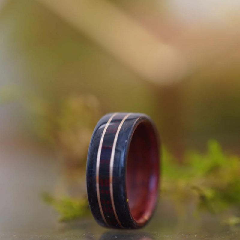 (In-Stock) Weathered Lagavulin Whiskey Barrel/Bloodwood Liner w/ MacDonald Tartan & Dual Bronze Inlays  Size 10.5/9mm Wide