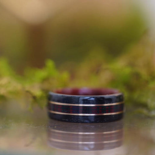 (In-Stock) Weathered Lagavulin Whiskey Barrel/Bloodwood Liner w/ MacDonald Tartan & Dual Bronze Inlays  Size 10.5/9mm Wide