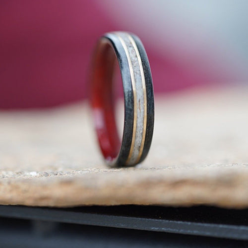(In-Stock) Weathered Jack Daniel's & Elk w/Double Yellow Gold & Bloodwood Liner - Size 12/7mm Wide