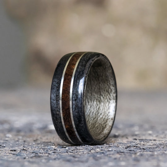 (In-Stock)  Weathered Woodford Reserve Whiskey Barrel  & Maple Liner w/ Custom Coffee and Dual Silver Inlays - Size 9.25/ 9mm Wide