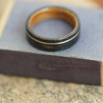 (In-Stock) Weathered Jameson Whiskey Barrel w/Natural Jameson Liner and Offset Yellow Gold Inlay  Size 10.5/7mm Wide