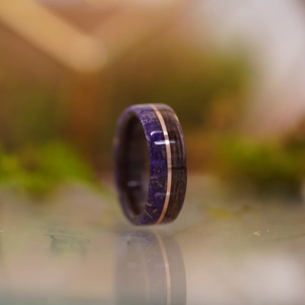 (In-Stock)  Antique Walnut with Lavender Flowers and Center Rose Gold Inlay - Size 8/7 mm Wide